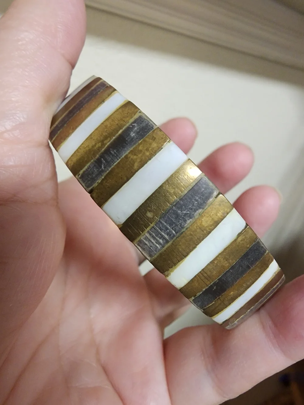 Vintage Mother Of Pearl And Brass Bangle Bracelet